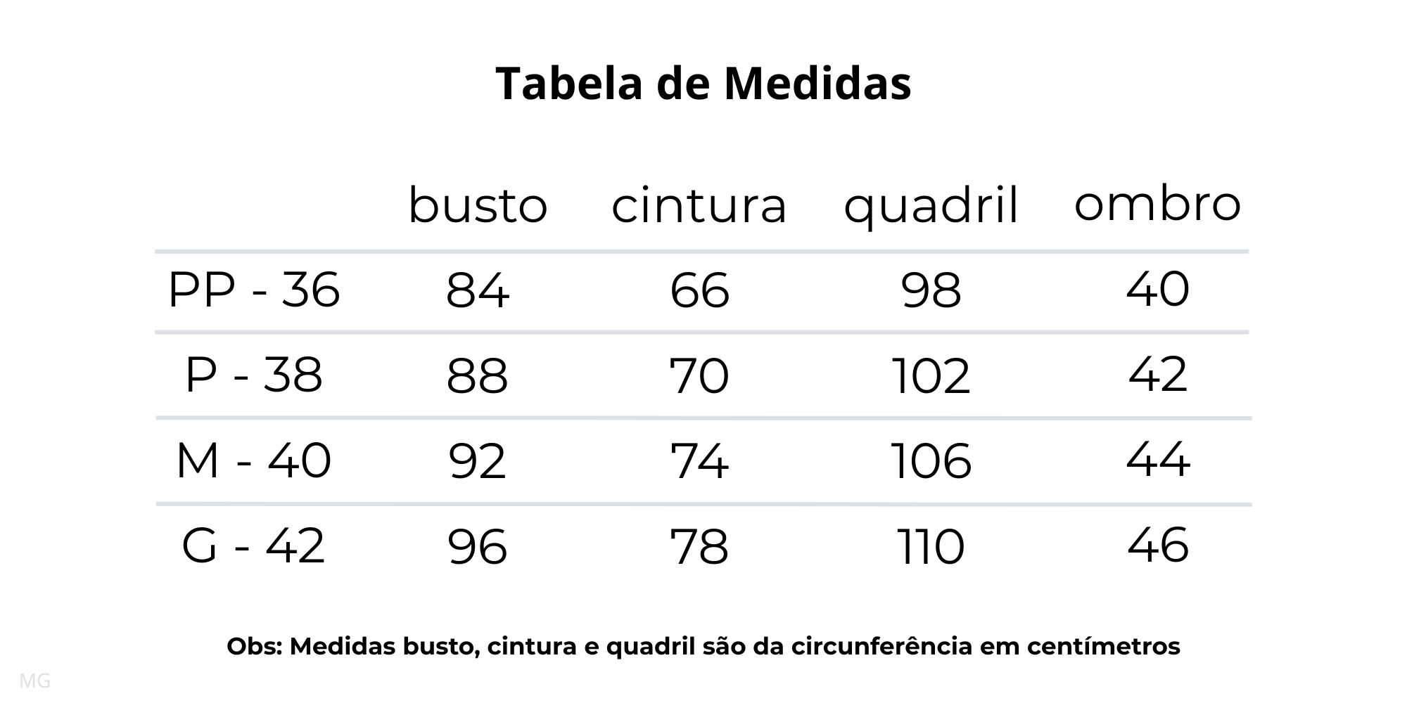 tabela de medidas